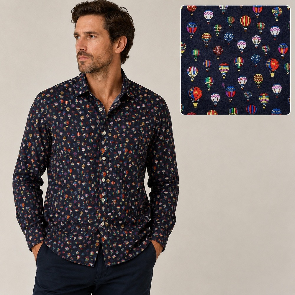 John Henric Mens Hot Air Balloon Print Button Down Shirt Navy Blue 15.75 40 L